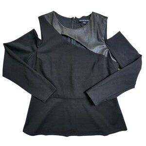 Boston Proper Black Cold Shoulder Top With Faux Leather Trim Medium
